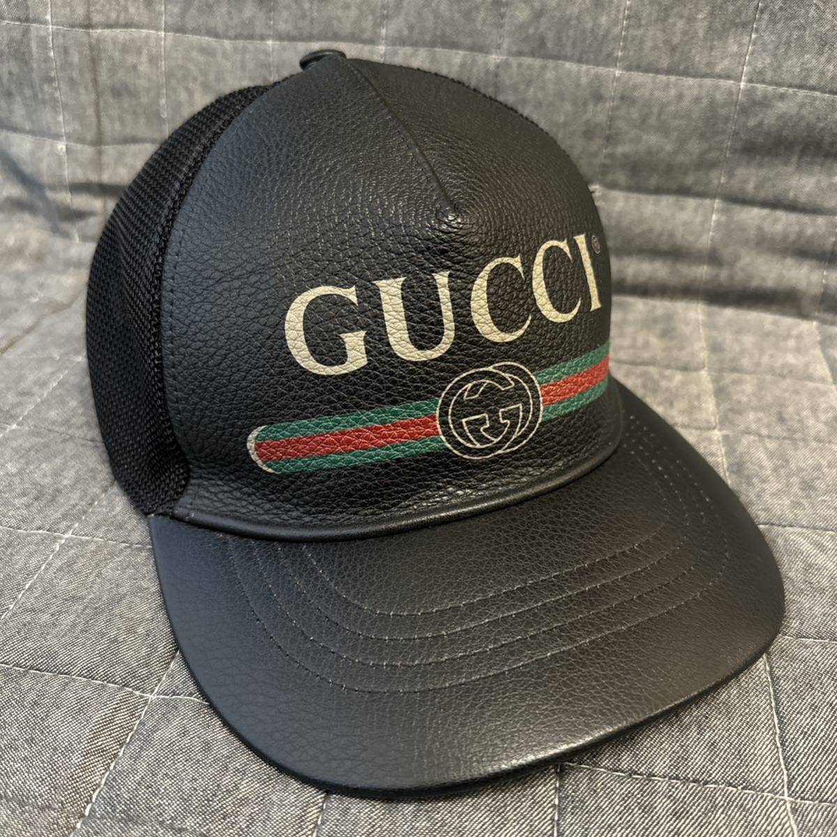 GUCCI グッチ ベースボールキャップ ロゴプリント シェリーライン レザー 帽子 メッシュ_画像1