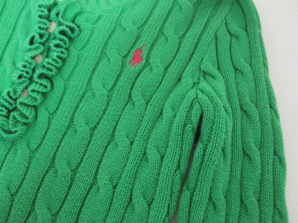 ＊RALPH LAUREN＊ラルフローレン 女の子 春物セーター トップス 鮮やかグリーン色 ロゴピンク フリル コットン綿 サイズS（7）_画像3