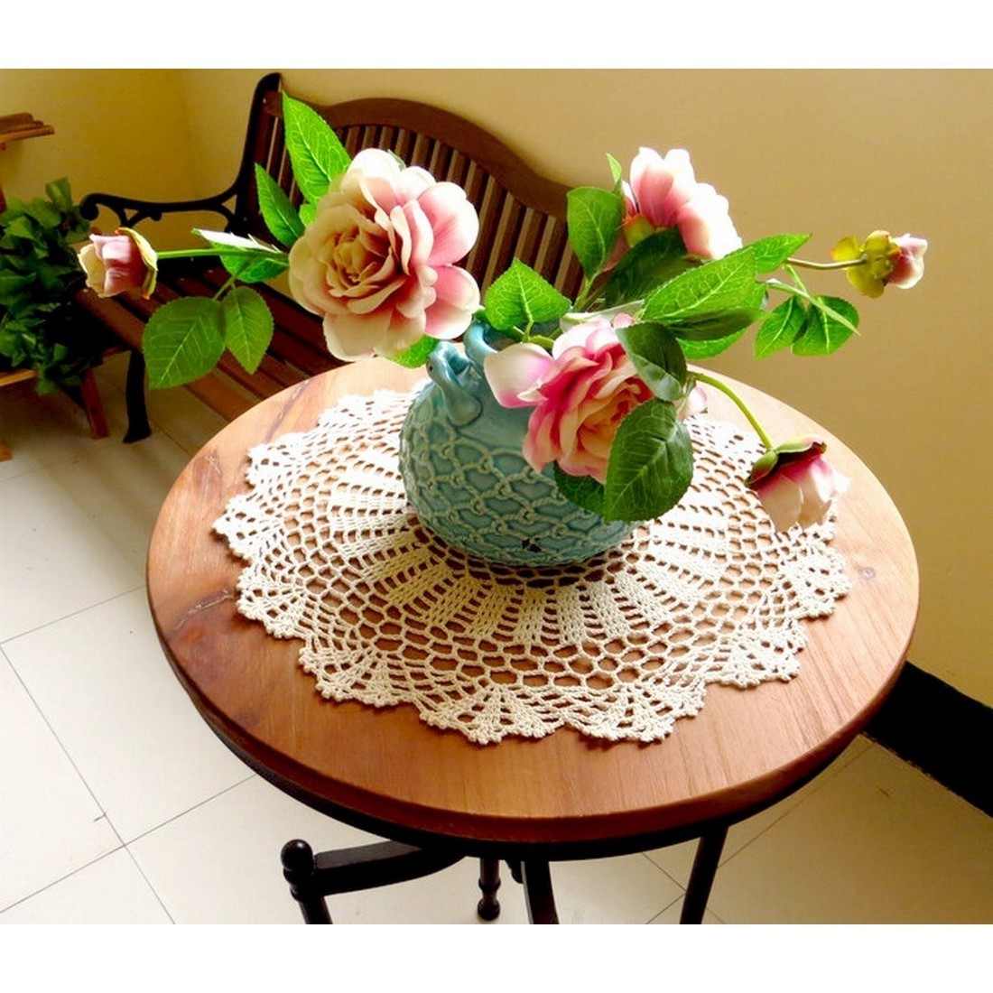 手編みかぎ針編みレース綿糸テーブルマット 織り装飾テーブルプレースマット ラウンドマット LLサイズ 直径40cmの画像4