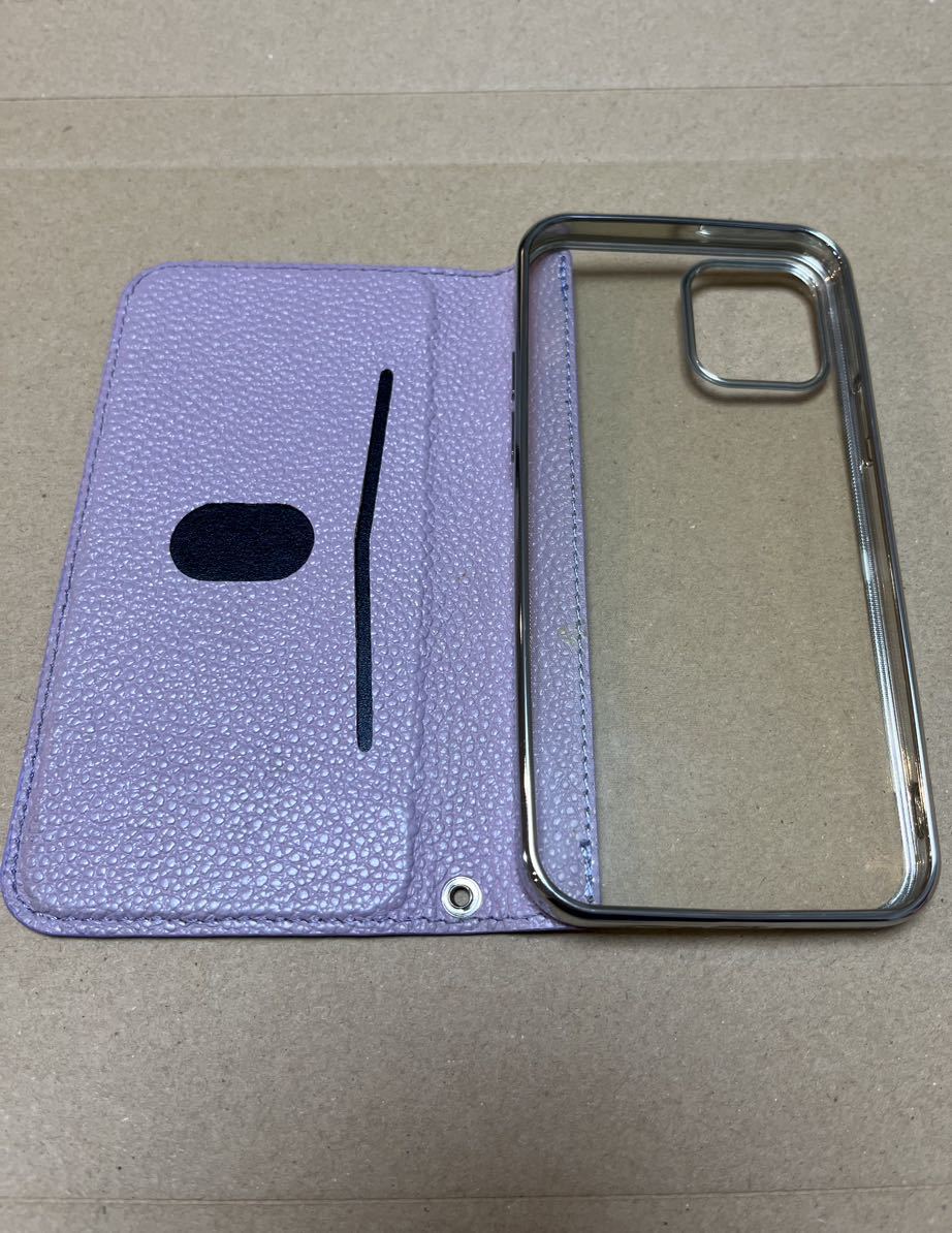 iPhone12 スマホケース 革製 背面クリア カード入れ ラベンダー 薄紫 手帳型 牛革 美品の画像3