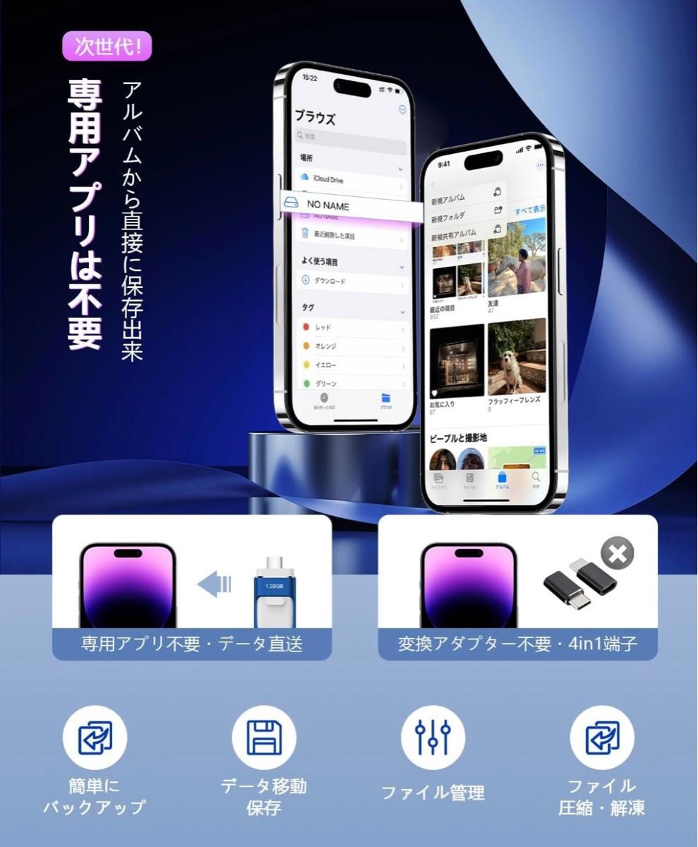 メモリ 128gb 対応iphone usb タイプc バックアップ スライド