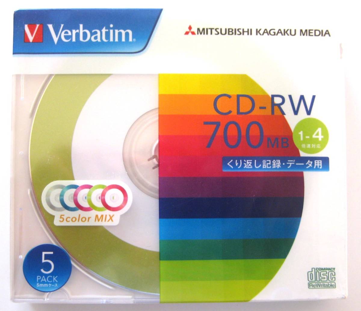 バーベイタム(Verbatim) くり返し記録用 CD-RW 700MB 5枚 ツートンカラー 1-4倍速 SW80QM5V1　三菱化学メディア_画像1