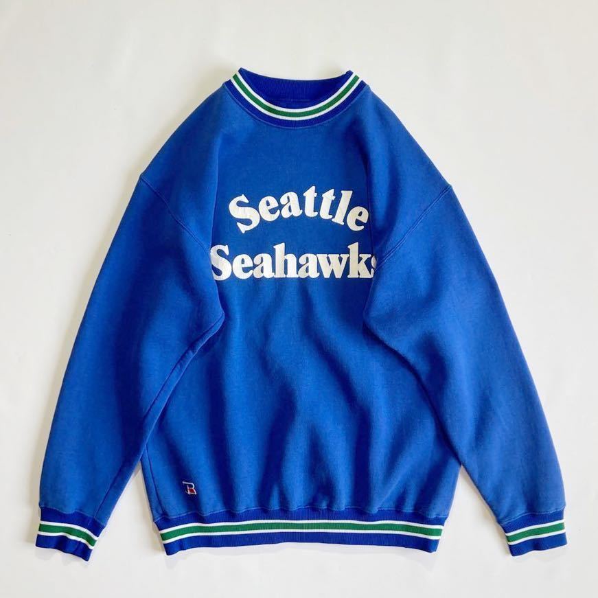 ビッグサイズ☆90s USA製 RUSSELL スウェット XXL 青 白 緑 ビンテージ Seattle Seahawks ラッセル リブライン 80s プリント_画像1