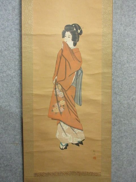 「真筆」 掛軸 美人画 [B23742] 長さ187cm 幅54cm 紙本 静水 人物 床の間 飾り 古玩 古美術_画像4