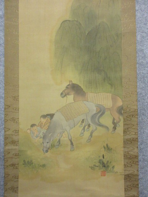 [ genuine writing brush ] hanging scroll horse [B24099] length 189cm width 51cm silk book@ Yamamoto spring . scenery floor between decoration old . old fine art 