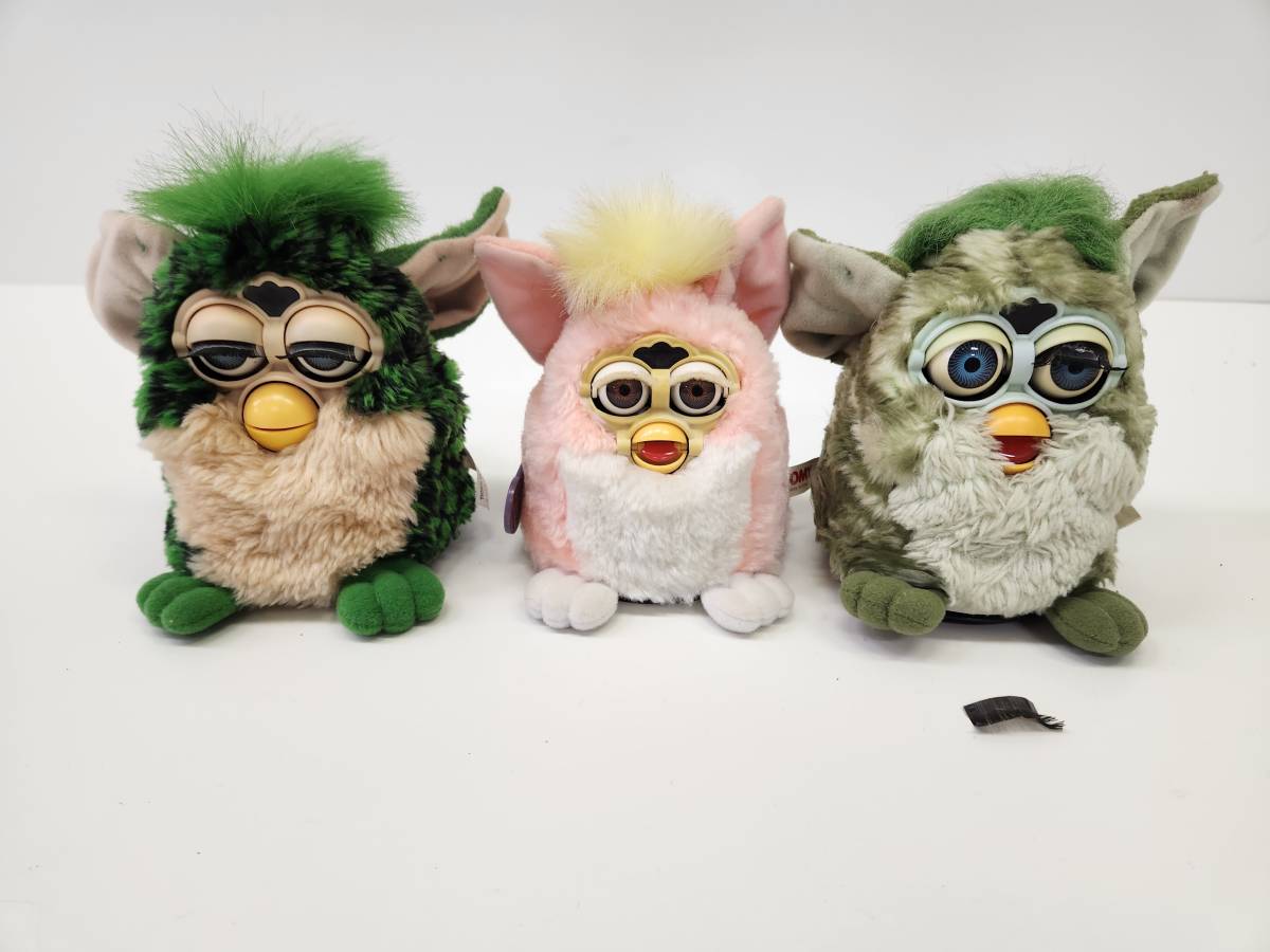 ★◆【USED】ファービー 3体セット ぬいぐるみ バーチャルペット 緑 ピンク Furby TOMY 初代 80サイズ_画像1