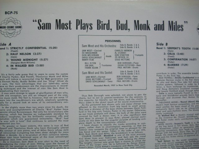 [LP] SAM MOST サム・モスト / PLAYS BIRD BUD MONK & MILES スペイン再発盤 FRESH SOUND RECORDS FSR-2039 ◇r60205_画像3