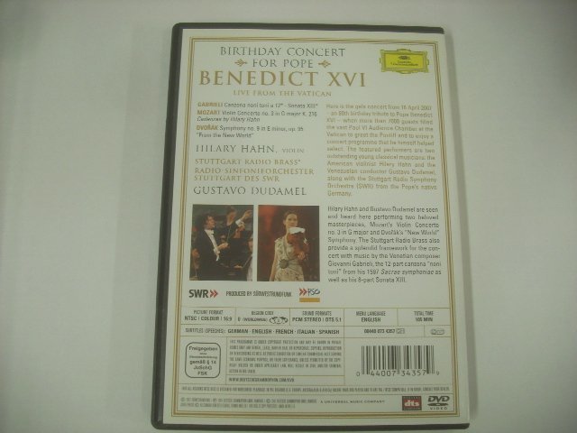 ■ 輸入EU盤 DVD HILARY HAHN / BIRTHDAY CONCERT FOR POPE BENEDICT ⅩⅥ ヒラリーハーン DEUTSCHE GRAMMOPHONE 00440 073 4357 ◇r60217_画像2