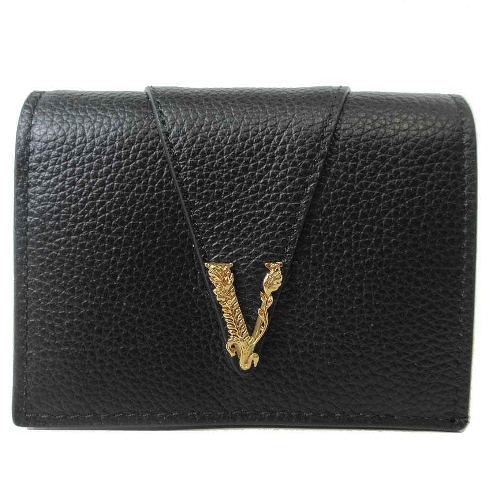 ヴェルサーチェ 財布 二つ折り財布(小銭入れあり) VERSACE レターV レザー スモールウォレット 1005973 (ブラック) レディース