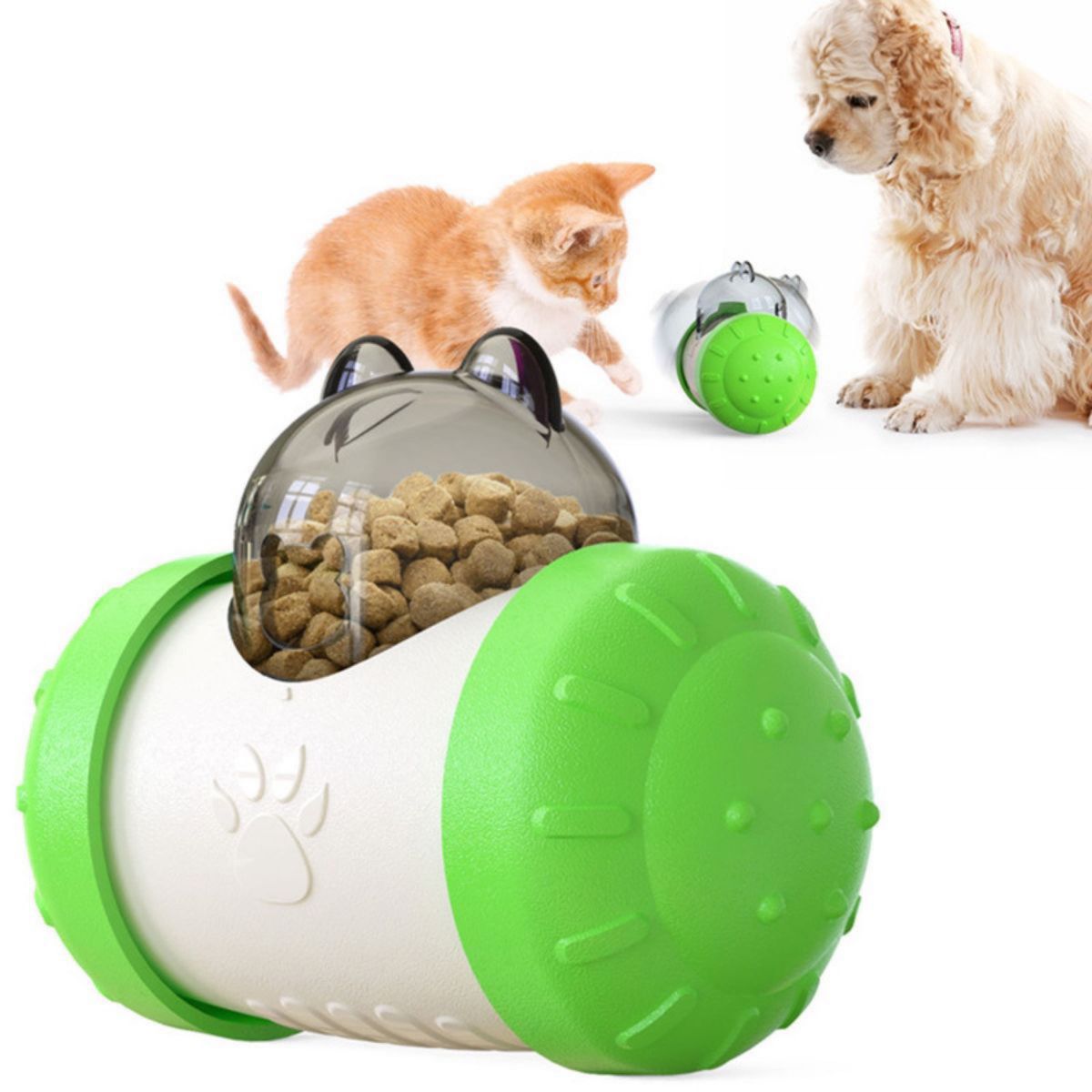 【グリーン】ペット おもちゃ おやつローラー 給餌玩具 知育玩具 早食い防止 運動不足解消 犬 猫 回転