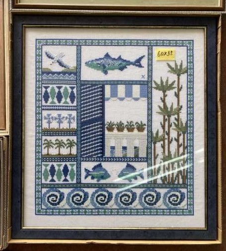 7品まとめて　刺繍画 刺繍絵 額装 詳細不明　絵画　アート　インテリア　額入り　元箱入り_60×55㎝