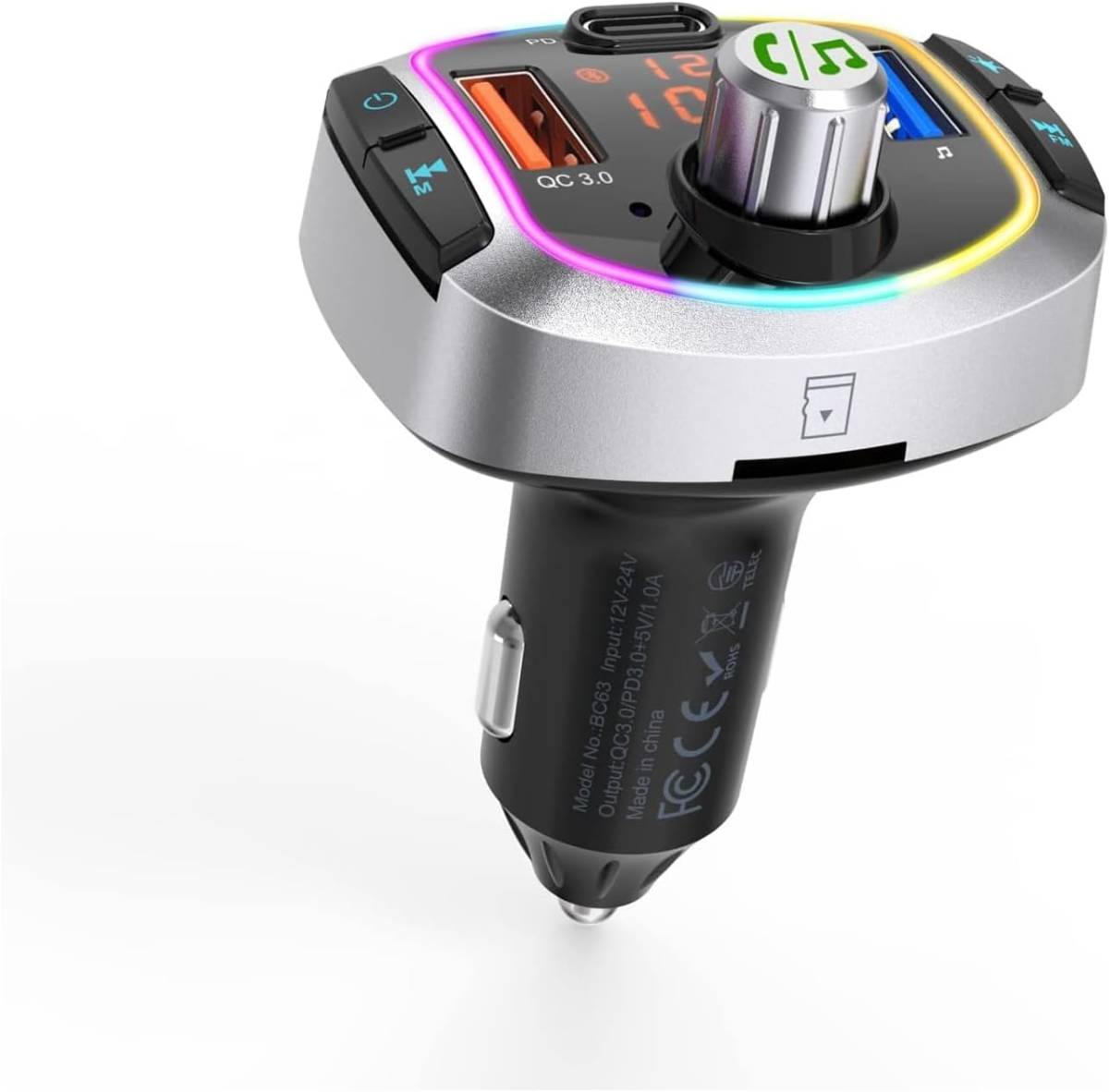 シルバー TICARVE FMトランスミッター Bluetooth5.0 シガーソケット携帯電話用車載充電器 バッテリー電圧測定 _画像1