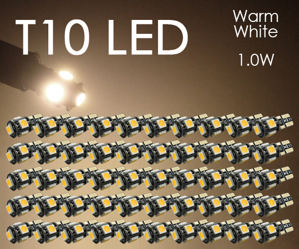 50個 T10 LED 電球色 ポジション ナンバー灯 3チップ5連 白 5050チップ ウォームホワイト 暖白色 12V用 SX012_画像1