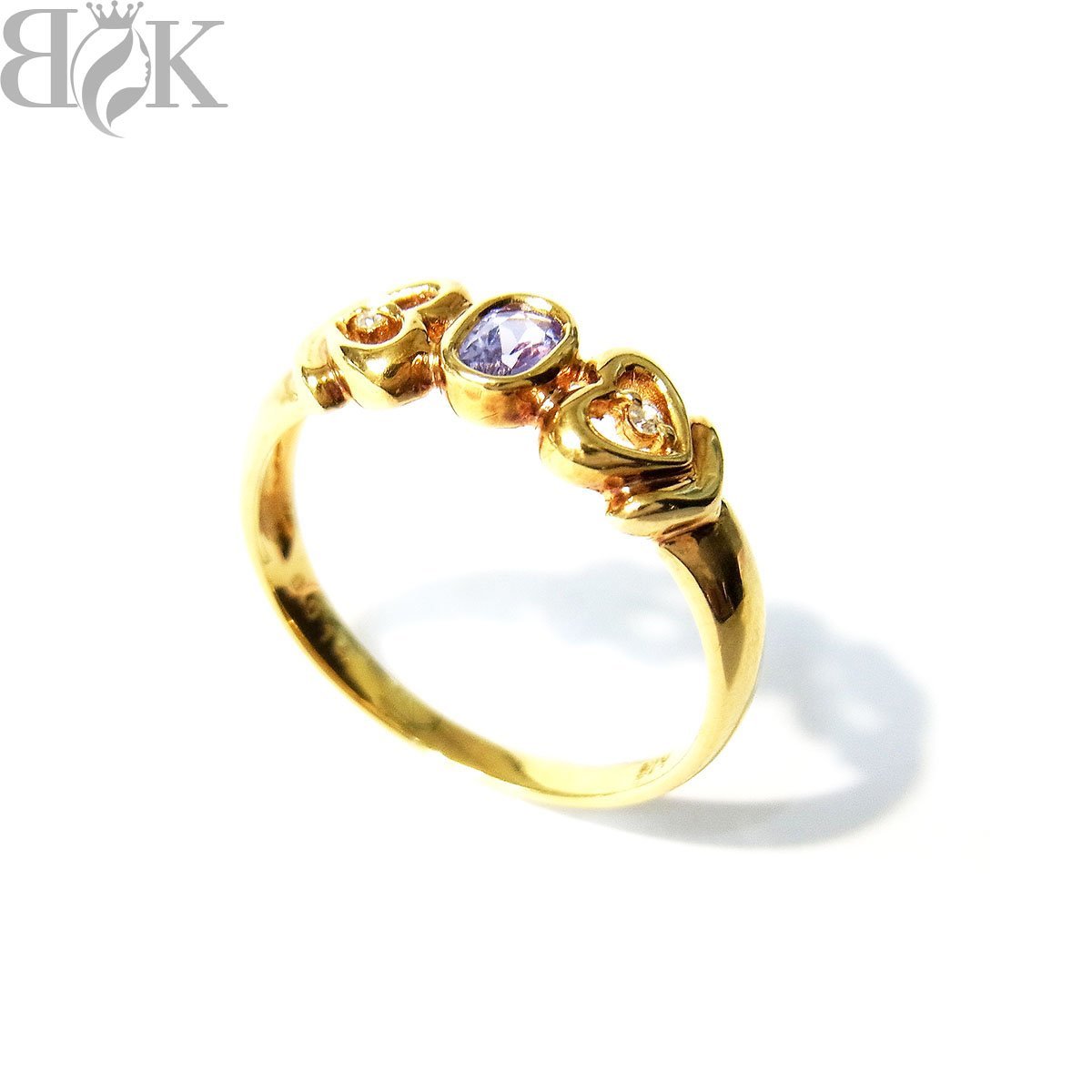 美品 K18 デザインリング 指輪 ダイヤ 薄紫石 イエローゴールド 約11号 0.014ct 総重量約2.4g 超音波洗浄済み 〓