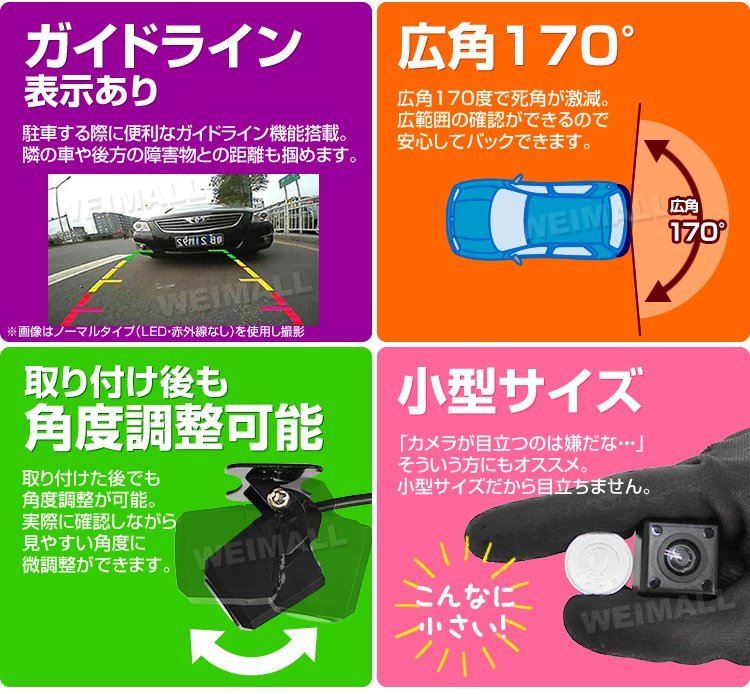 【限定セール】送料無料 赤外線 CCDバックカメラ 高解像 小型 リアカメラ 車載 広角170° IP68 ガイドライン有 後付 フロントカメラ切替可の画像6