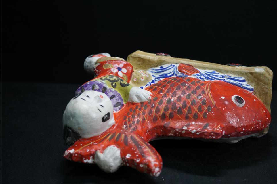 D4492-5 花巻人形「鯛車と唐子」幅25cm大型土人形 郷土玩具_画像6