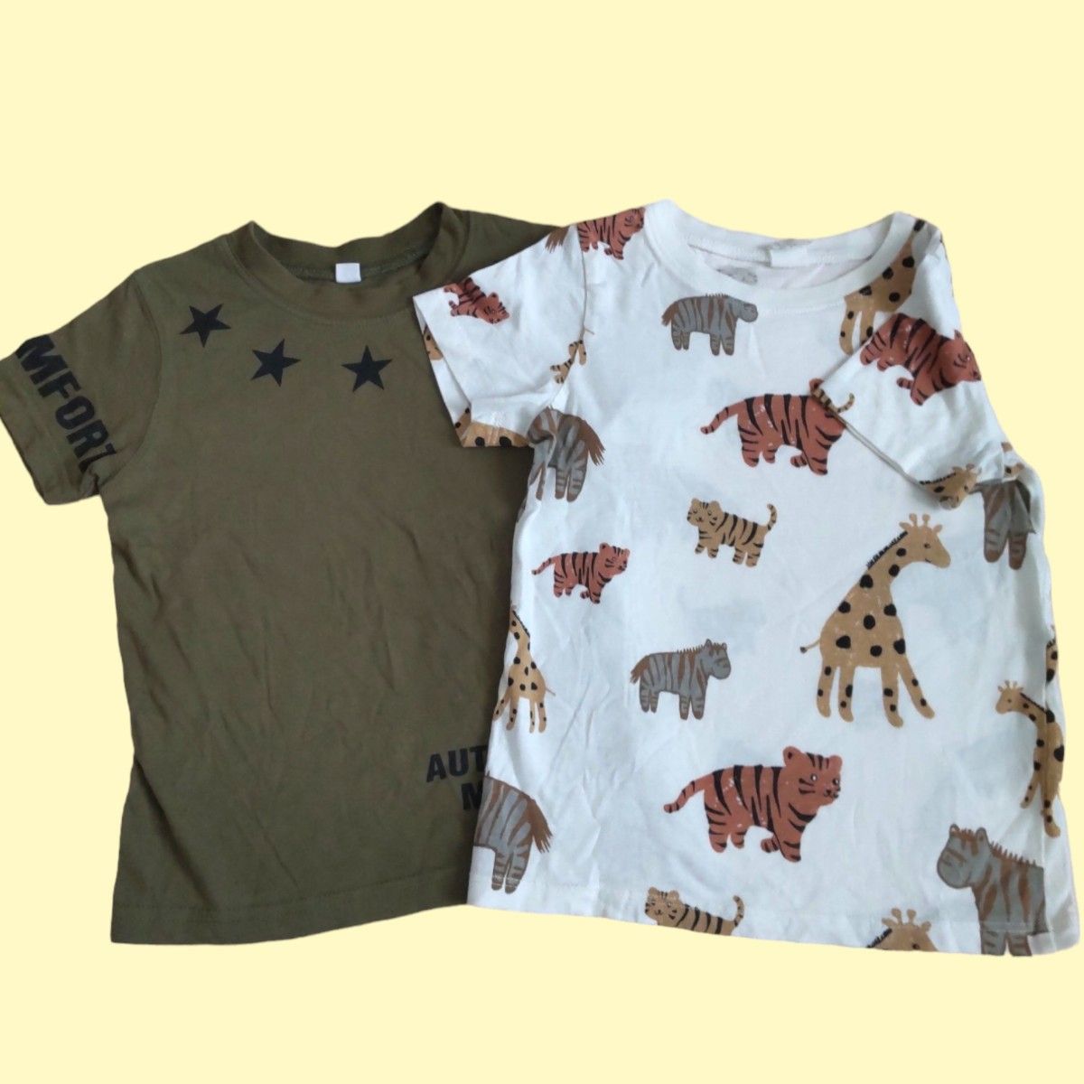 【2枚セット】  コットン 半袖 Tシャツ 100 カーキ アニマル柄 H&M