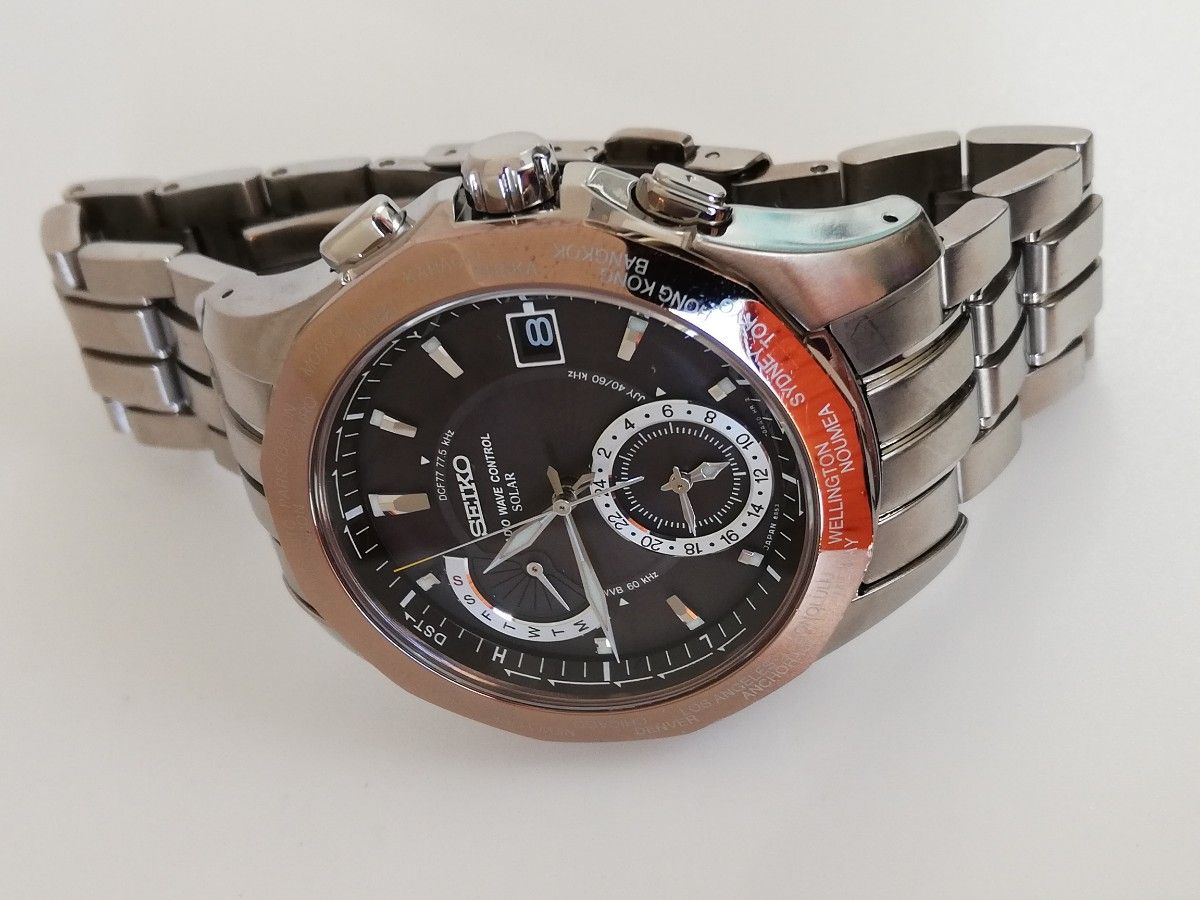 【電波ソーラー、美品、希少】SEIKO　セイコー　ブライツ　ワールドタイム　チタン　ブラウン　SAGA005 8B53-0AA0