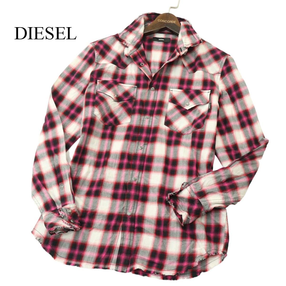 美品★ DIESEL ディーゼル 通年 カットオフ★ 襟ワイヤー 長袖 ウエスタン オンブレー チェック シャツ Sz.S メンズ A4T01058_2#Cの画像1