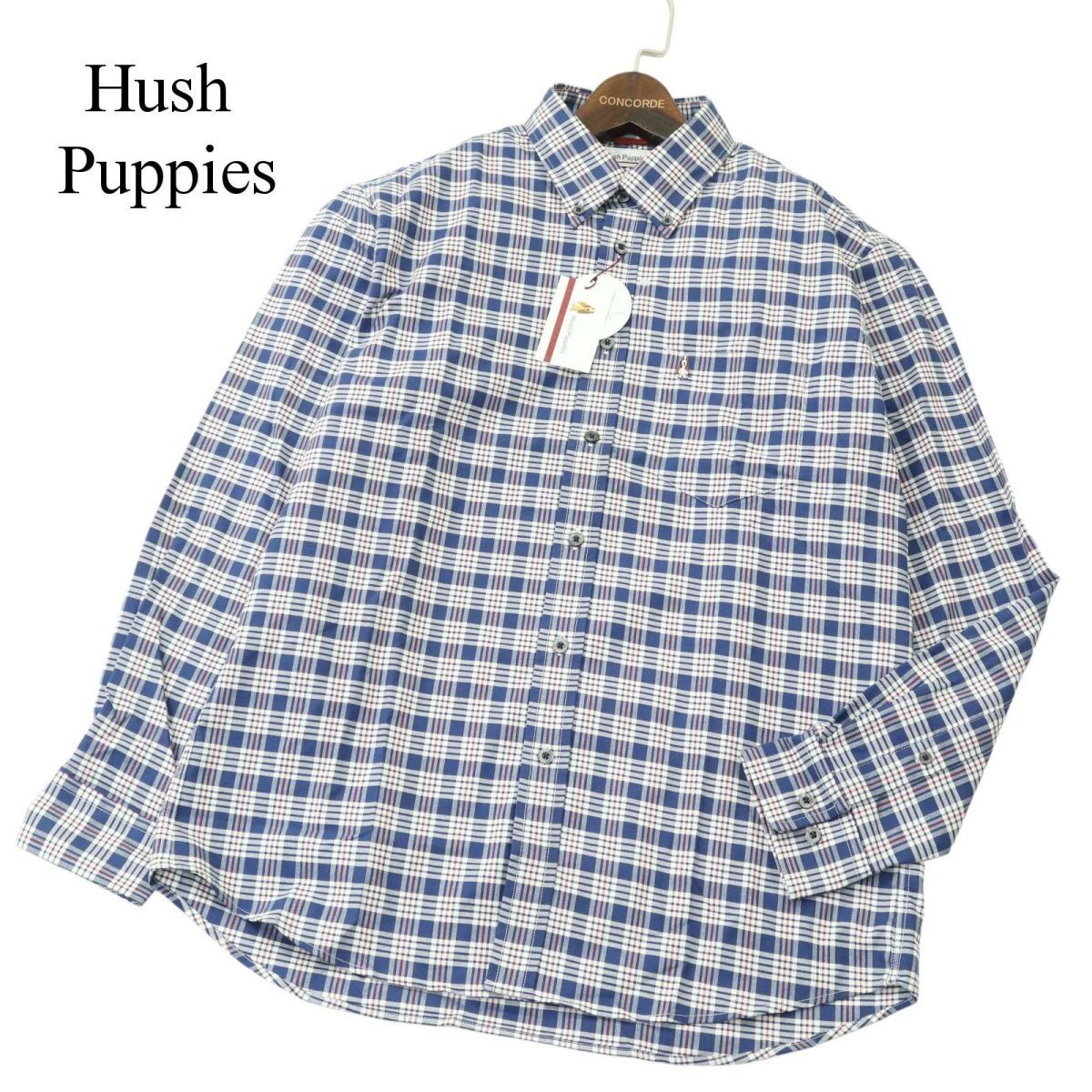 【新品 未使用】 Hush Puppies ハッシュパピー 通年 ロゴ ドッグ刺繍★ 長袖 ボタンダウン チェック シャツ Sz.L　メンズ　A4T01056_2#C_画像1