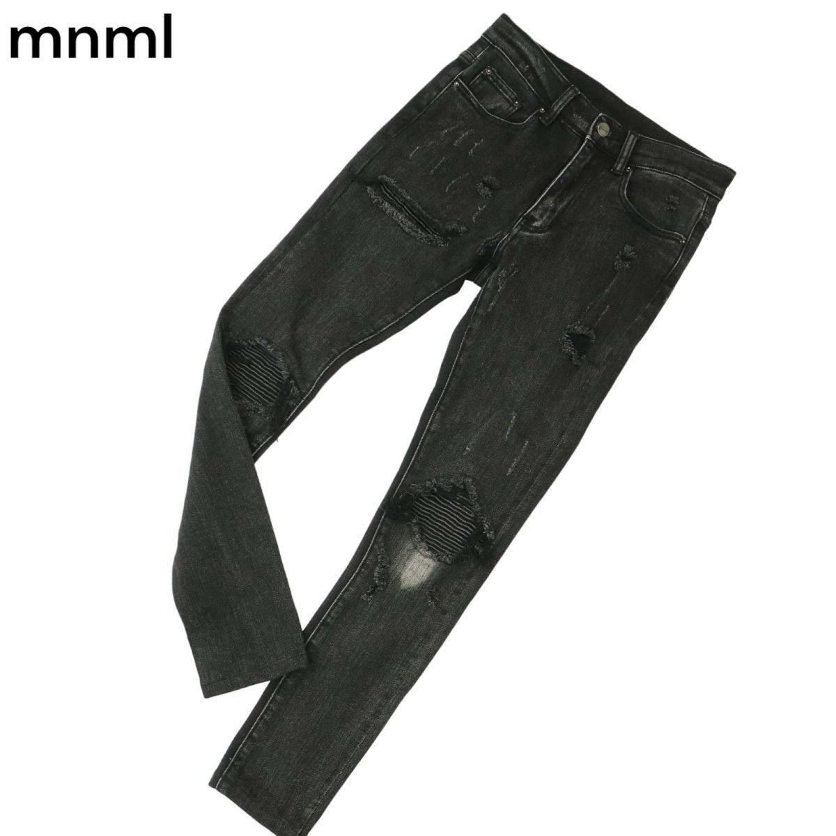 mnml ミニマル 通年 クラッシュ&リペア加工★ ストレッチ スキニー バイカー デニム パンツ ジーンズ Sz.28 メンズ A4B00883_2#Rの画像1