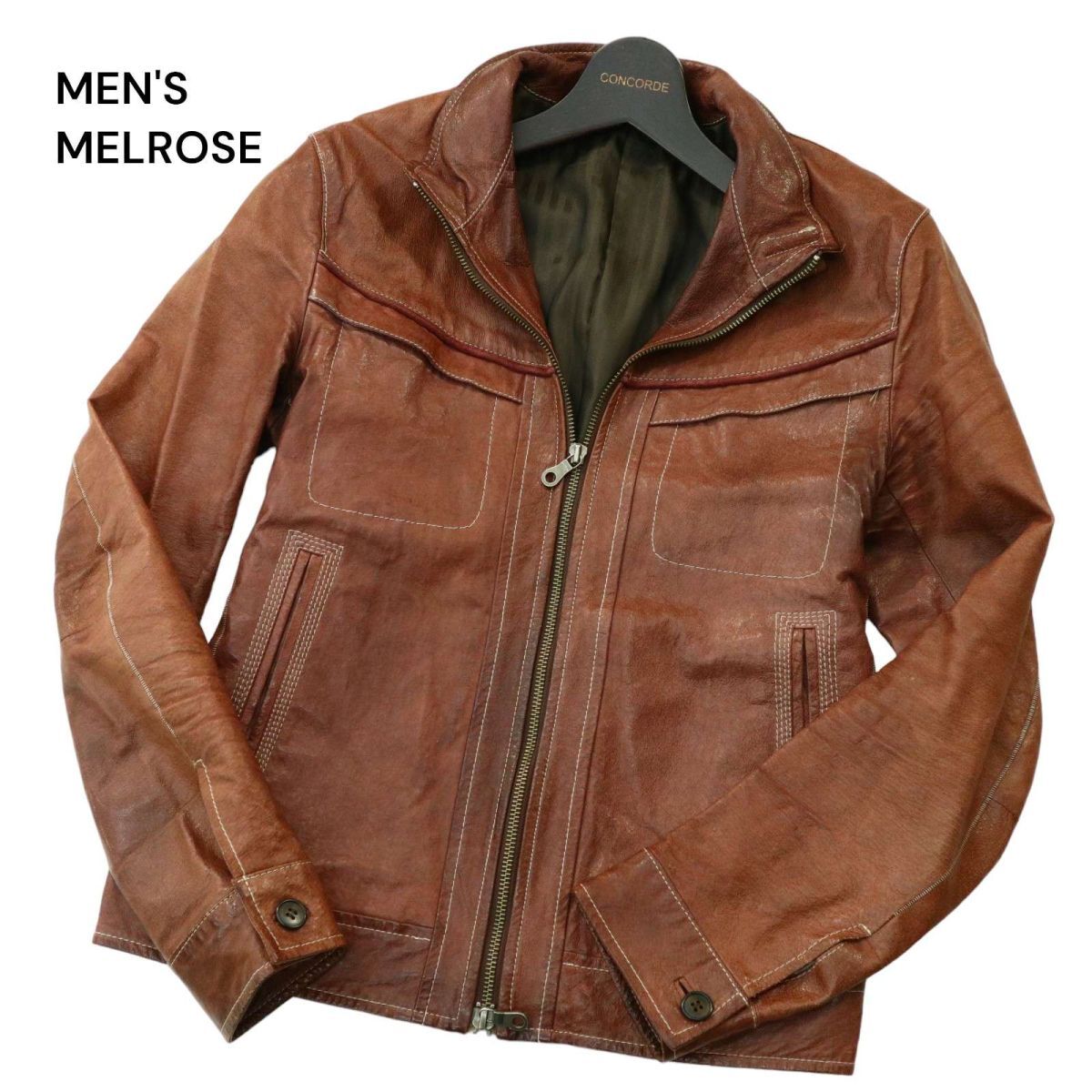 MEN'S MELROSE メンズメルローズ 通年 本革 リアル レザー★ ダブルジップ ブルゾン ジャケット Sz.3　メンズ　A4T01469_2#O_画像1