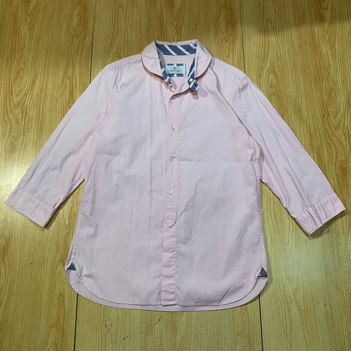 即決・クリックポスト発送・EDIFICEのピンオックス素材の7分袖シャツ・薄ピンク・４６（S)_画像1