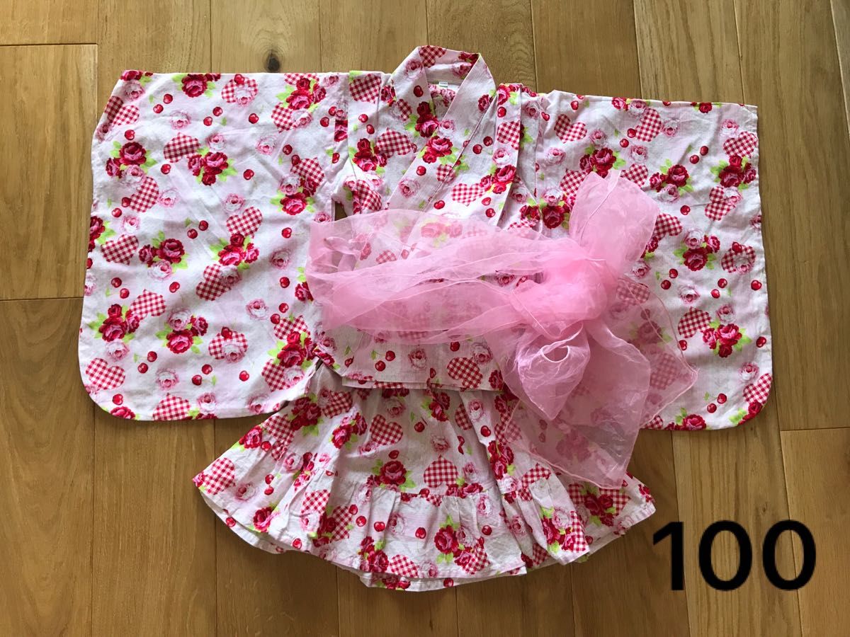 美品　浴衣　セパレート　スカート　ピンク　浴衣ドレス　花柄　女の子　100  甚平 夏祭り 可愛い着物セット　帯　兵児帯 着物