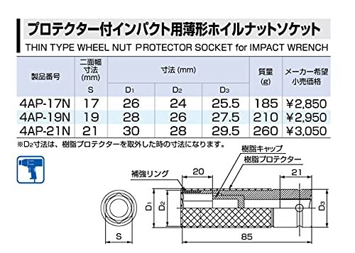 トネ(TONE) プロテクター付インパクト用薄形ホイルナットソケット 4AP-17N 差込角12.7mm(1/2) ブル_画像6
