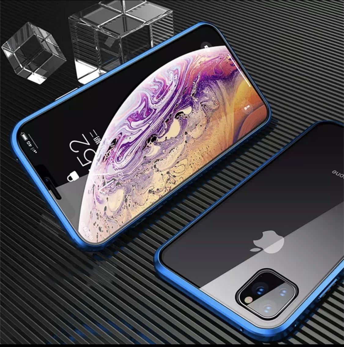 iPhone14 iPhone13 スマホケース　アルミバンパー　アルミ　メタルフレーム　ガラス　両面磁石　クリアケース　液晶フィルム　ブルー_画像3