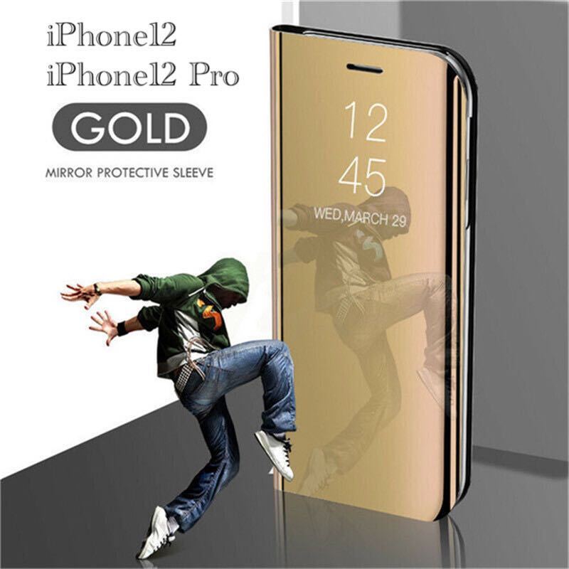 iPhone12 iPhone12Pro スマホケース　手帳型ケース　ミラーケース 光沢　鏡面　反射　鏡面加工 液晶フィルム　付き　耐衝撃 ゴールド　2_画像1