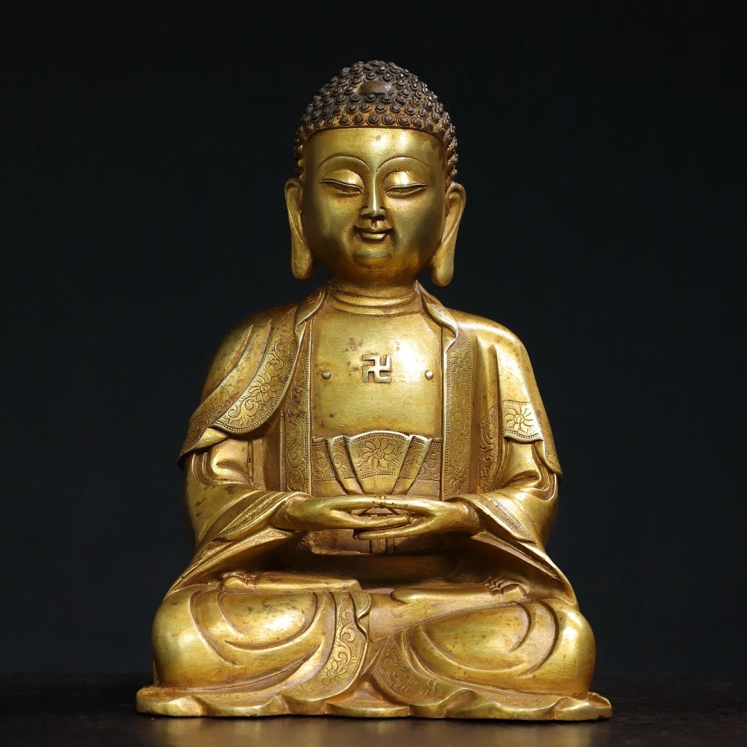 殿堂 *珍品旧蔵* 清 釋迦摩尼仏像 銅製品 塗金 ML0125 仏具一般 殿堂 *珍品旧蔵* 清 釋迦摩尼仏像 銅製品 塗金 ML0125 仏具一般