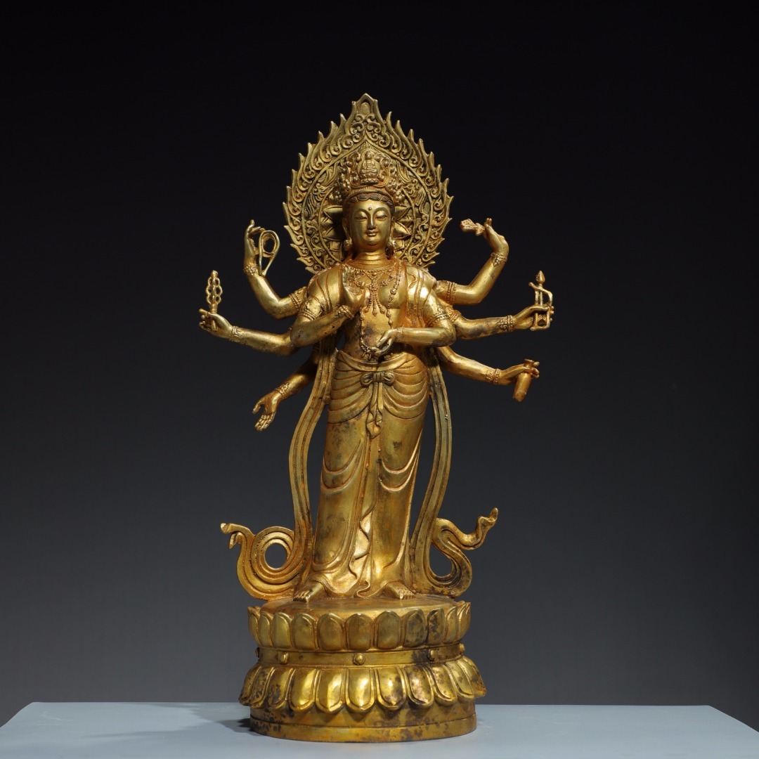 *珍品旧蔵* 中国清代 銅鍍金【八腕観音】 仏像 銅製 時代物 極細工 古美術品 Z0222
