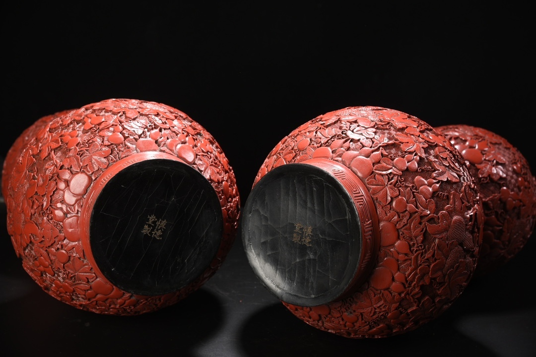  *珍品旧蔵*清代 大判 赤引き 漆器 葫蘆瓶一対 置物 中國古玩 中国古美術 時代物 GH0201_画像9