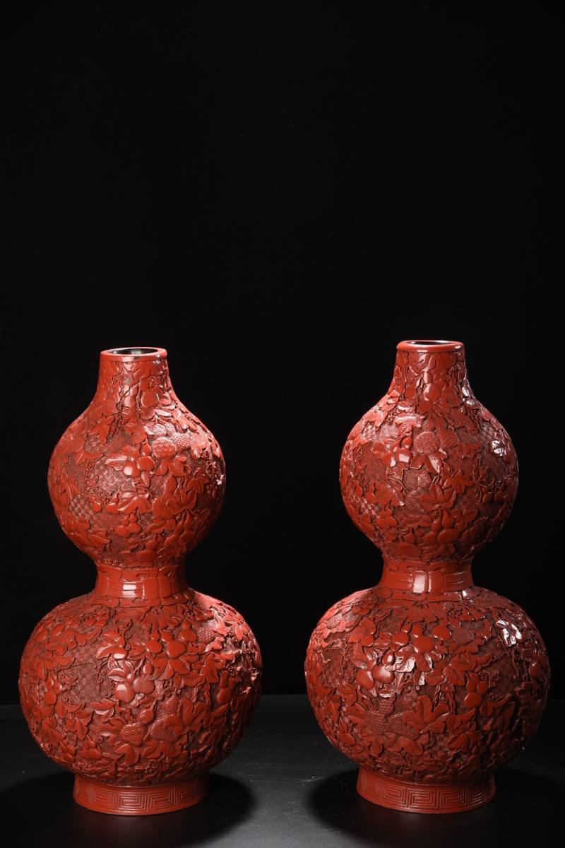  *珍品旧蔵*清代 大判 赤引き 漆器 葫蘆瓶一対 置物 中國古玩 中国古美術 時代物 GH0201_画像6