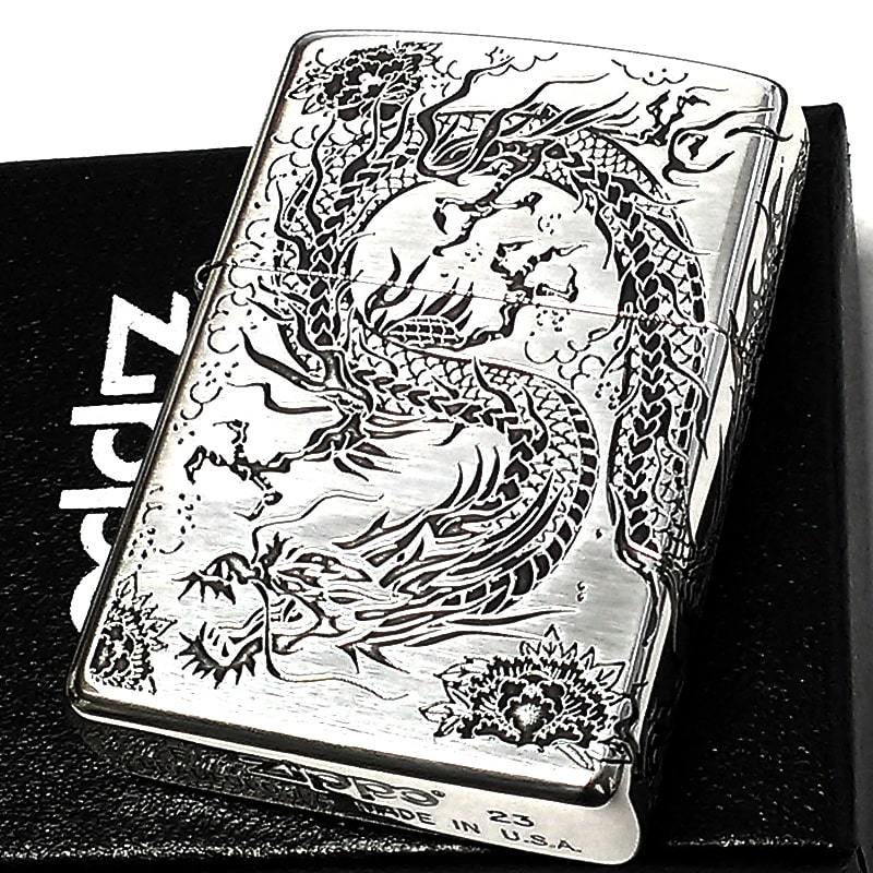 ZIPPO ライター 二面龍 ジッポ シルバー ２面連続彫刻 銀燻し仕上げ 竜 かっこいい 銀 メンズ プレゼント ギフト 御守り おしゃれ 和柄_画像2