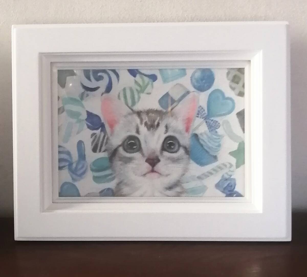 油絵原画「Sweetie blue」Rio Yuki アメリカンショートヘアの子猫とお菓子の絵真作 ポストカードセット付　ネコ 猫 ねこ cat _画像4