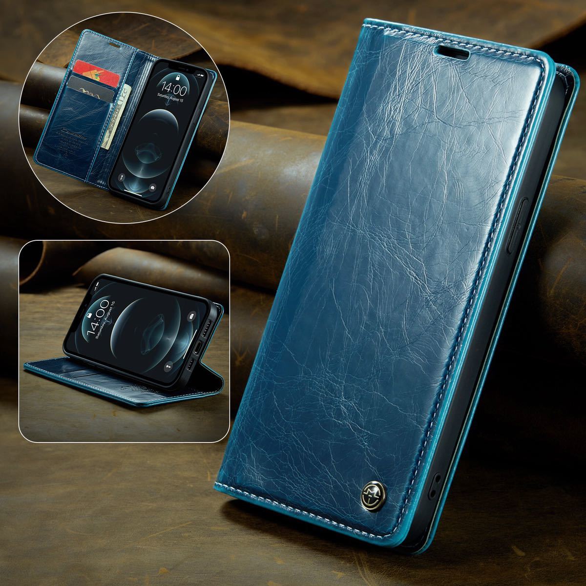 2020モデル iPhone12 レザーケース iPhone12Pro ケース アイフォン12 Pro/アイフォン 12 レザーケース 6.1インチ カード収納 手帳型 ブルー