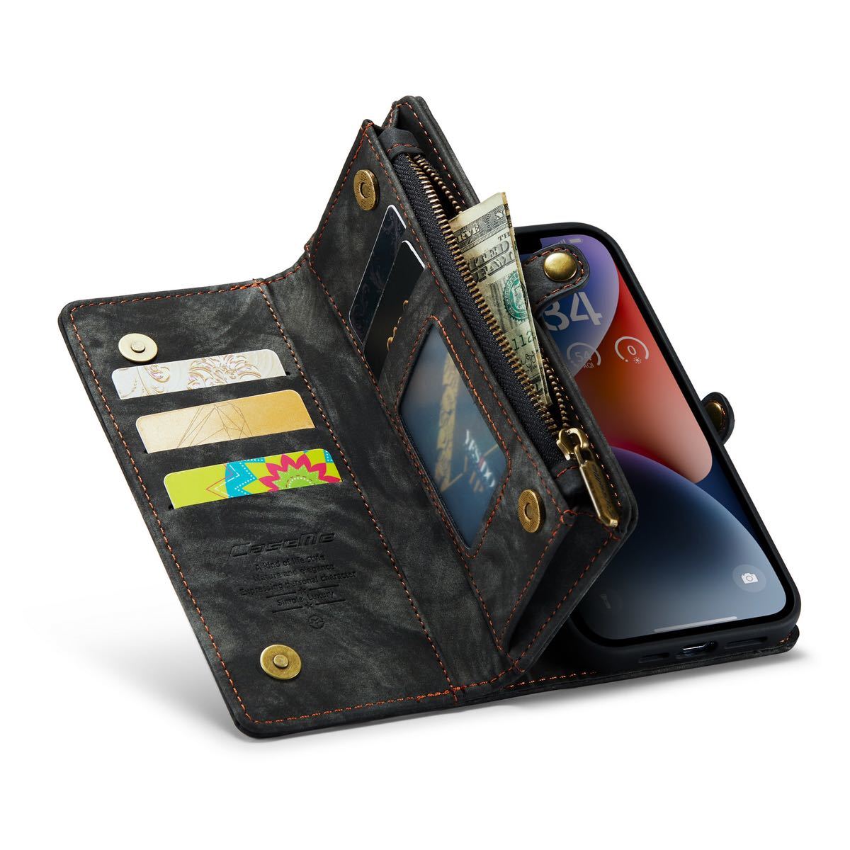 iPhone 14 pro max レザーケース アイフォン14 プロ マックス ケース 6.7インチ カバー 手帳型 お財布付き カード収納 C2 ブラックの画像3