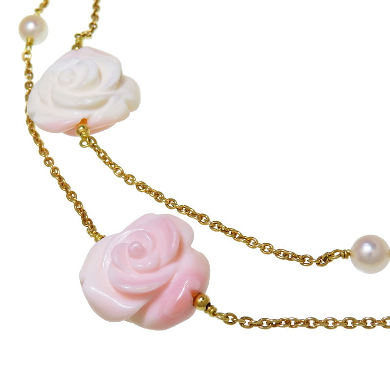 【テレビで話題】 ステーション 花/フラワー ロング コンクシェル パール 4.6mm ネックレス K18ゴールド 19.8g 90cm レディース イエローゴールド