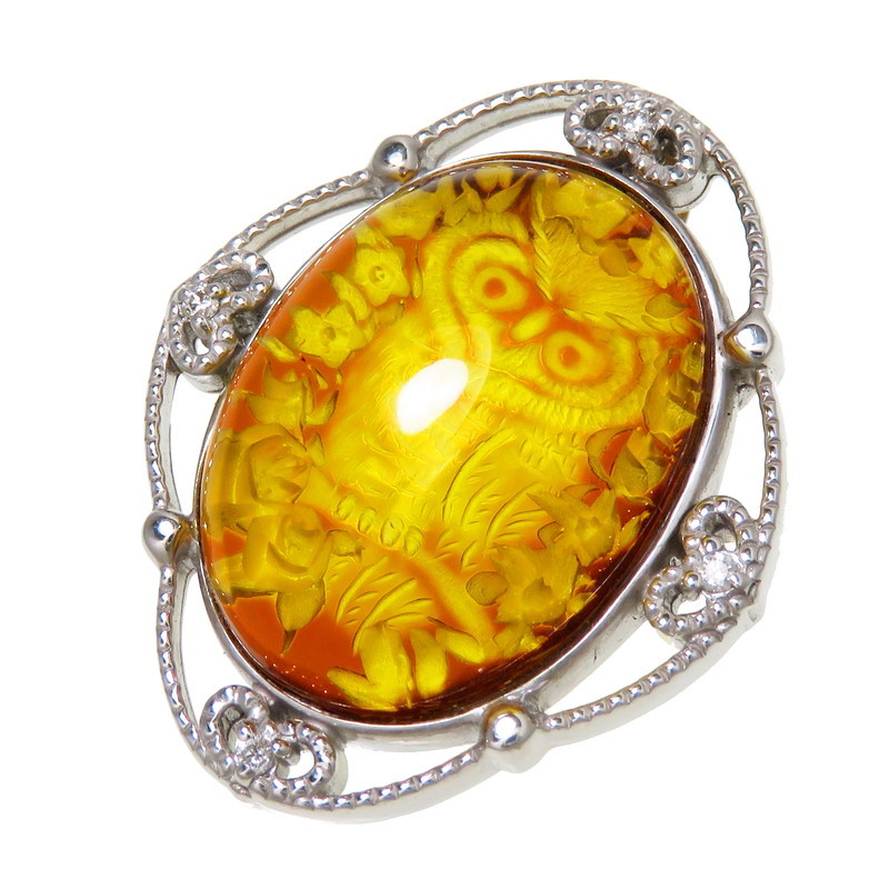 独特の上品 彫りフクロウ 琥珀 ダイヤモンド 計0.04ct ペンダントトップ K18WGホワイトゴールド 6.1g レディース ホワイトゴールド