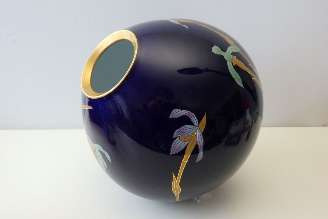 香蘭社 瑠璃釉 蘭絵 花瓶 有田焼 花器 瑠璃色 金彩 陶器 陶磁器 高さ・約２２、５ｃｍ ＵＳＥＤ品の画像9