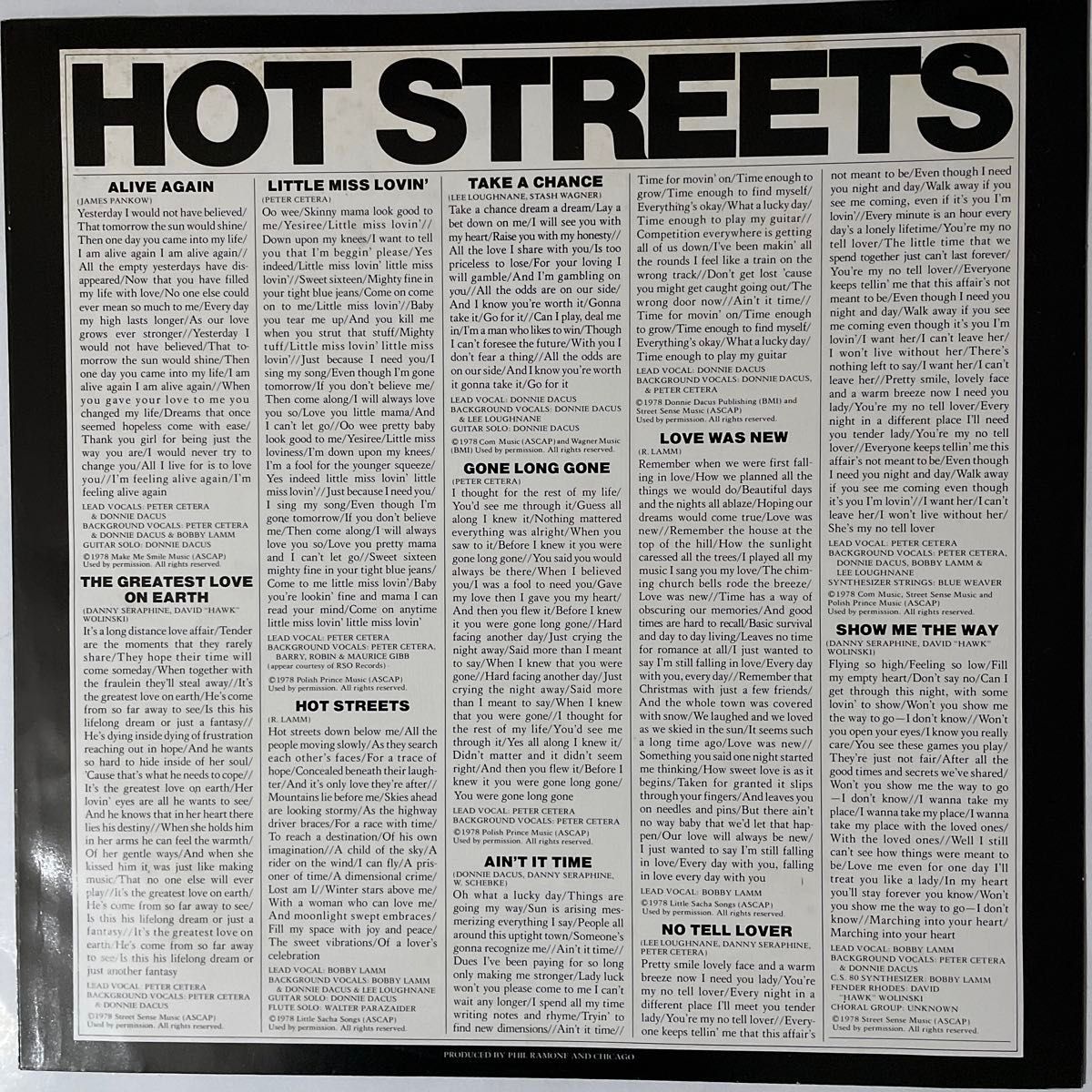 【更に！お値下げ価格】シカゴ/ホット・ストリートCHICAGO/ HOT STREETS LP  解説歌詞カードインナースリーブ付