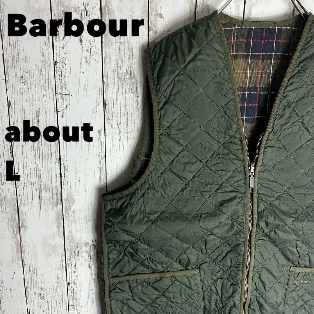 【Barbour】バブアー ナイロン キルティングベスト オリーブ L相当 古着_画像1