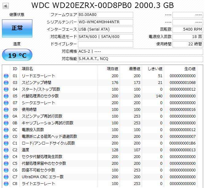 【3.5”内蔵HDD／2TB】WD製GREEN　WD20EZRX　使用時間22時間_画像6