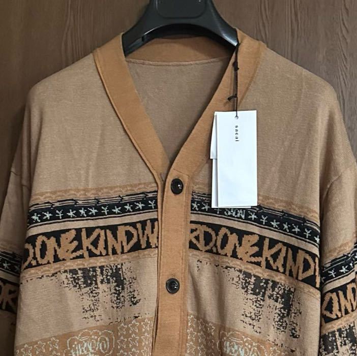 4新品 sacai サカイ メンズ Eric Haze ジャガード コットン ニットカーディガン セーター 長袖 23SS size 4 XL ハイゲージ ダークベージュ