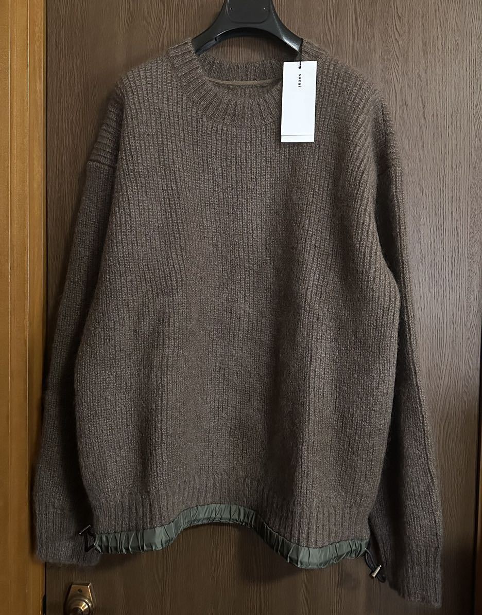 4新品 sacai サカイ メンズ モヘア ブレンド ニット 切り替え セーター 22AW size 4 XL 長袖 ドローコード ブラウン_画像1