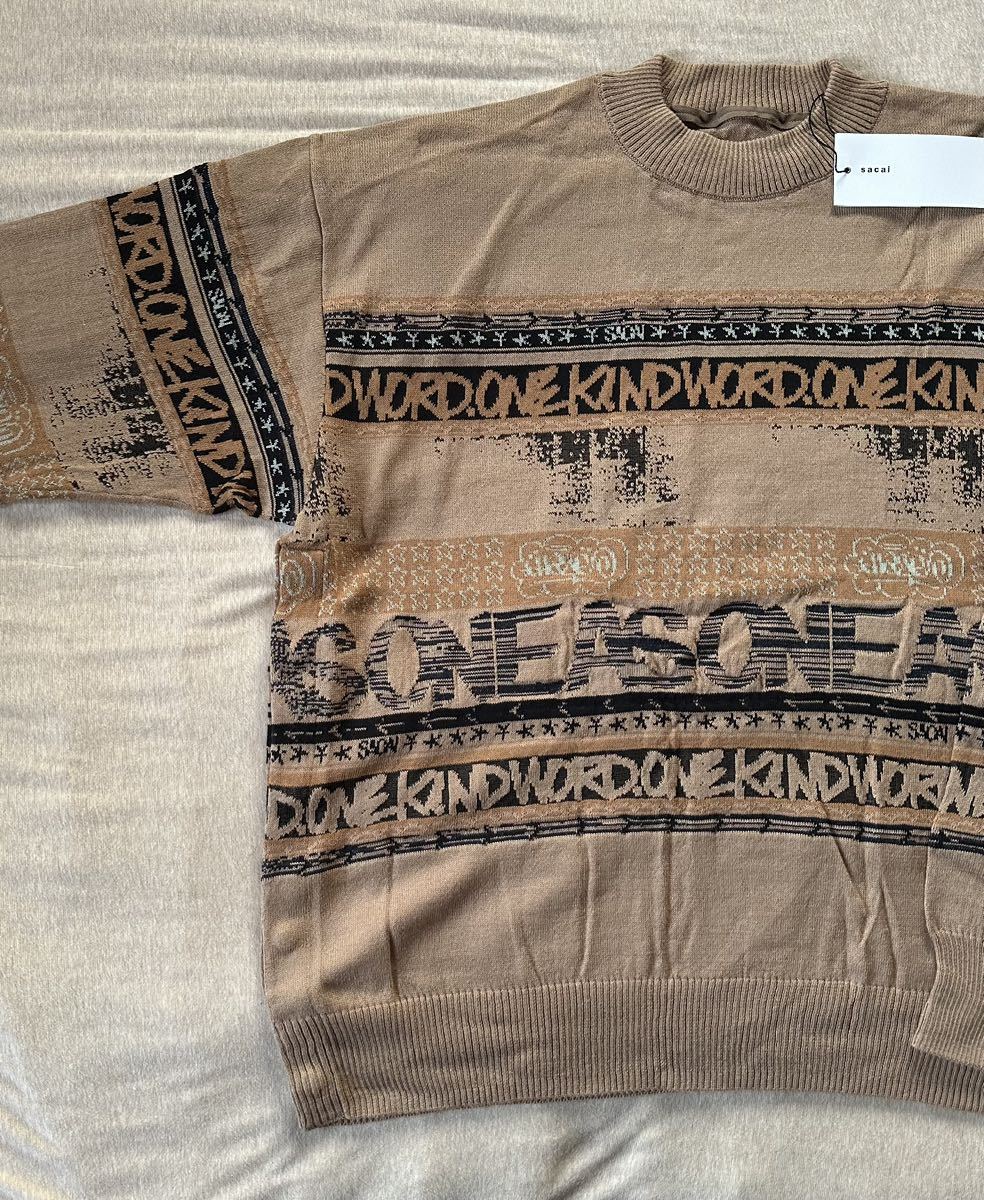 4新品 sacai サカイ メンズ Eric Haze ジャガード コットン ニット セーター 長袖 23SS size 4 XL ハイゲージ ダークベージュ_画像6