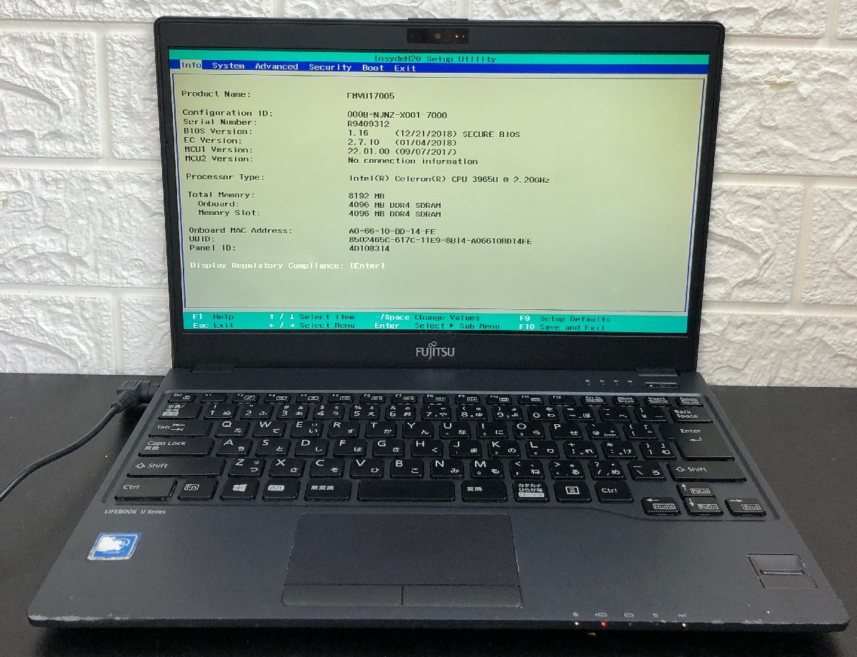 1円～ ■ジャンク 富士通 LIFEBOOK U938/T / Celeron 3965U 2.20GHz / メモリ 8GB / SSD 256GB / 13.3型 / OS無し / BIOS起動可_画像1