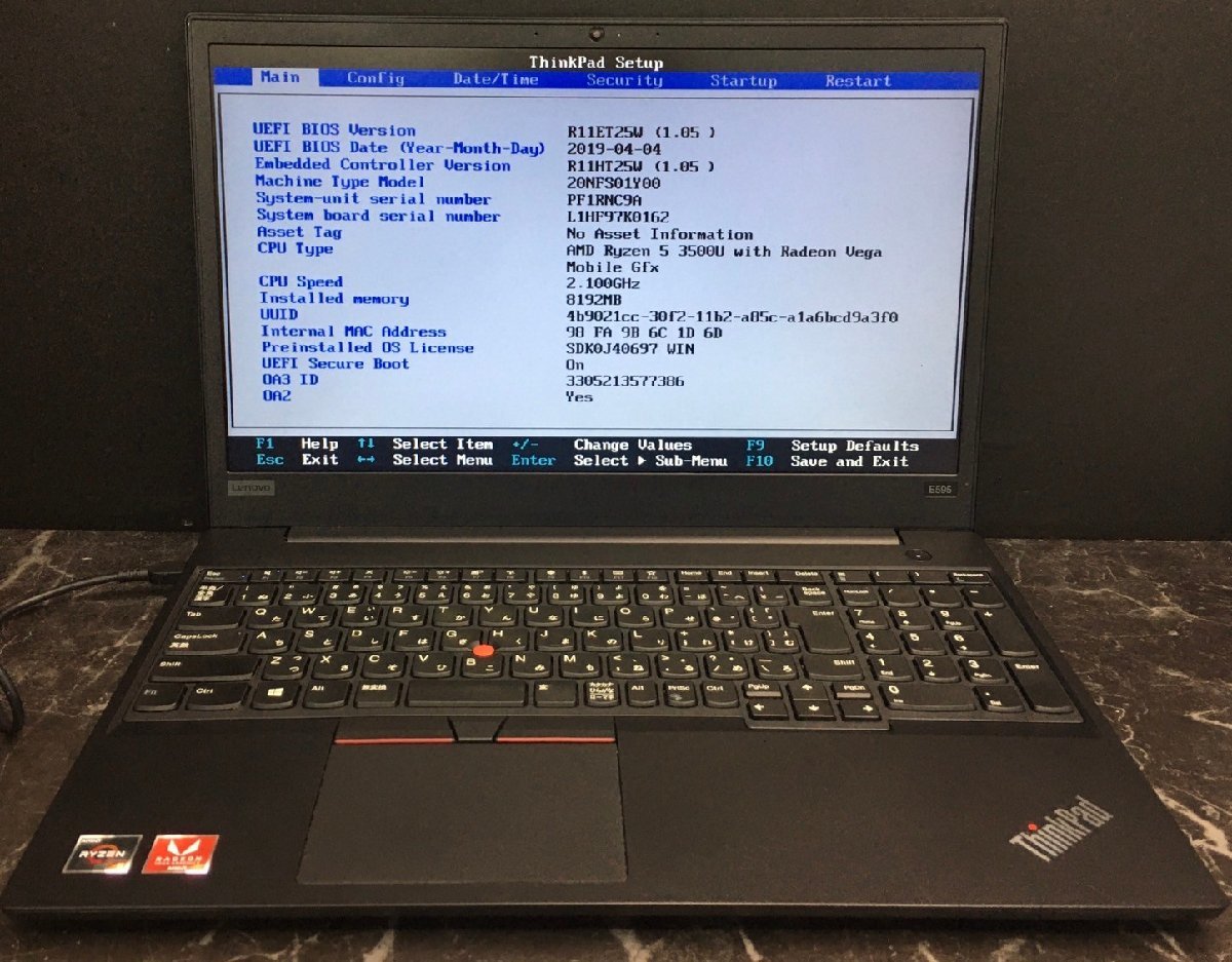 1円～ ■ジャンク LENOVO ThinkPad E595 / Ryzen 5 3500U 2.10GHz / メモリ 8GB / NVMe SSD 128GB / 15.6型 / OS無し / BIOS起動可_画像1